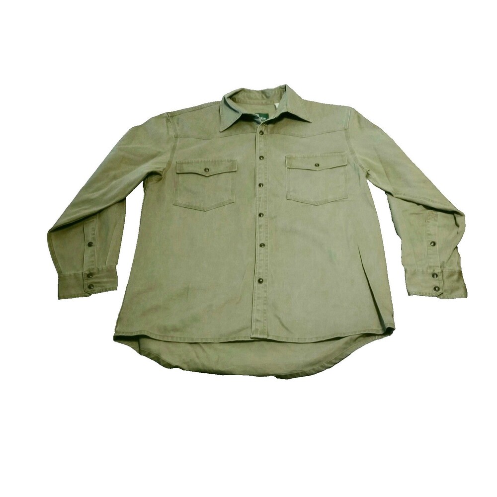Schnee's Pearl Snap Shirt Men's Size Medium Olive Twill Outdoor Bozeman Montana
